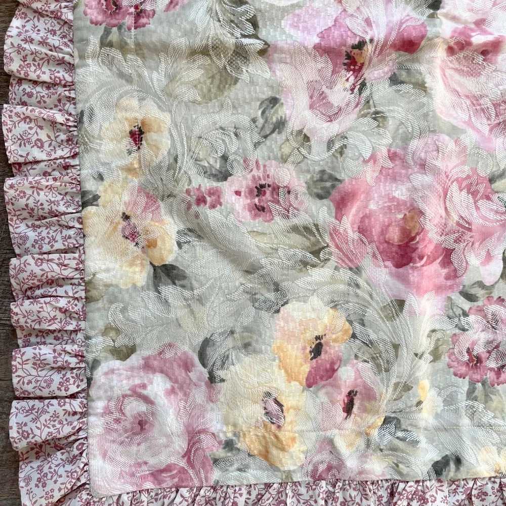 Vintage Pink Pillow Sham with floral and stripes, Ruffle trim‎